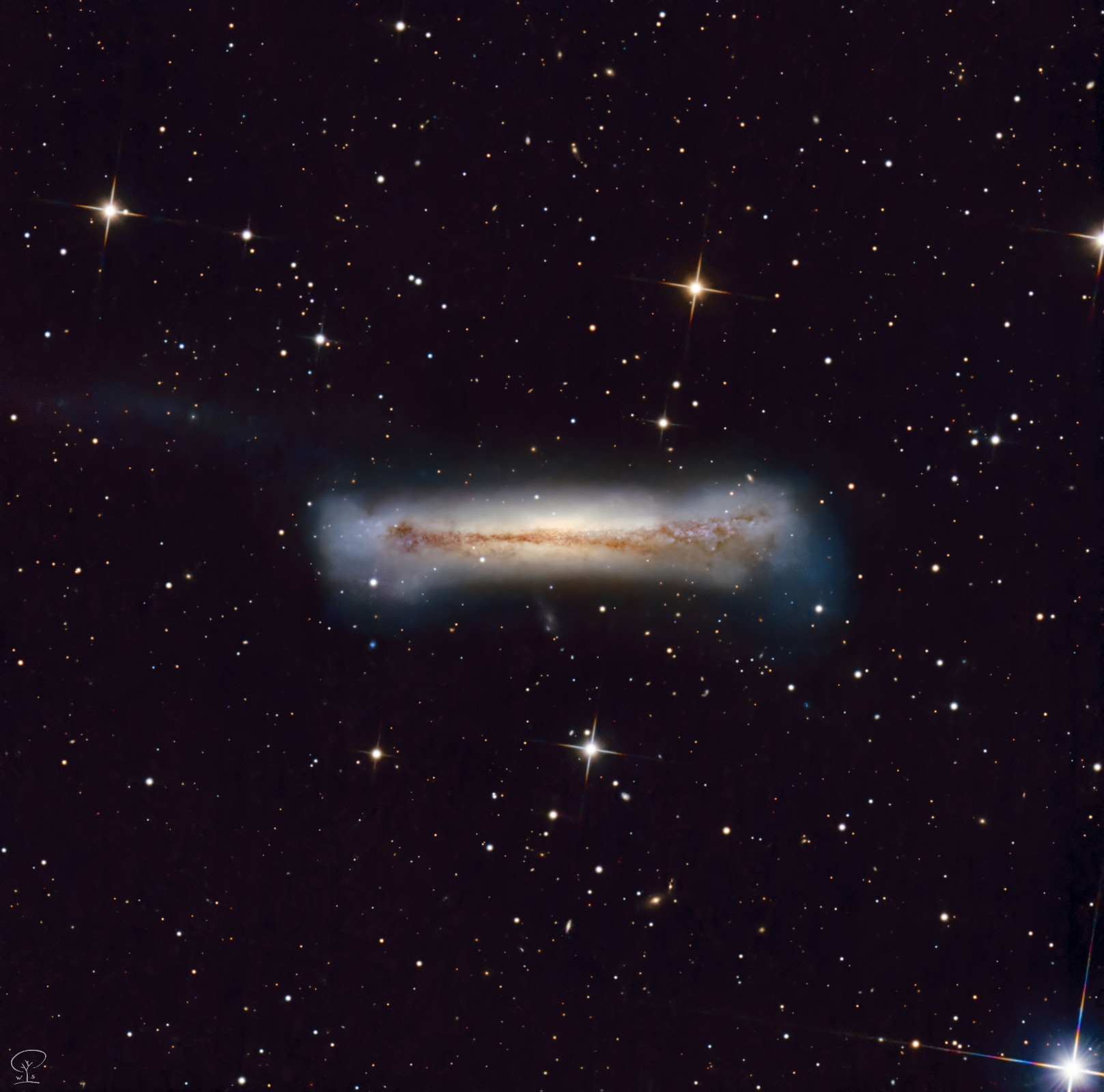 Hamburger NGC 3628, auch bekannt als die Haburger-Galaxie, ist Teil der M66 Galaxiengruppe bzw. eine der drei Galaxien im Leo-Triplet. Das Bild der Galaxie ist mir nicht ganz perfekt gelungen, da ich viel mit dem Sequencer N.I.N.A. herumprobiere, und da kommen mir manchal Einstellungen durcheinander, was dann eine Menge Arbeit im Postprocessing macht. Aber immerhin konnte ich wieder einmal etwas fotografieren, die permanente Wolkenflut wollte ja nicht mehr abreißen. Knappe 8 Stunden ist hier mit der ZWO ASI533MC-Pro auf dem Skywatcher 250PDS belichtet worden.
