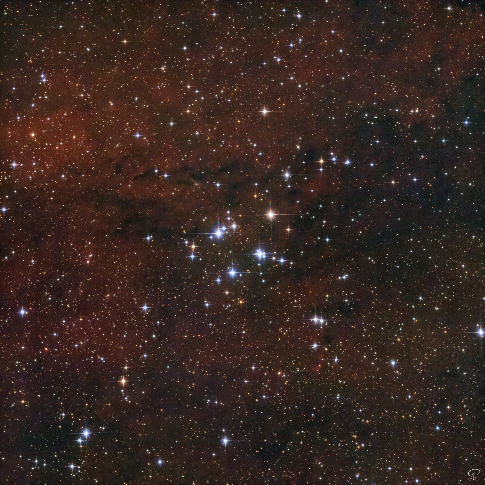Image20 Offener Sternhaufen Stock 23 ("Pazminos Cluster") 1956 entdeckte Dr. Jürgen Stock diesen vermeintlichen Cluster, bemühte sich aber nicht weiter um detaillierte Aufzeichnungen, da er glaubte, dass dieser aufgrund seiner Helligkeit längst bekannt sei. So passierte es, dass 1977 dieser Sternhaufen vom Amateurastronomen John Pazmino neu entdeckt worden ist, letzterer hat darüber einen Artikel verfasst, und seither wird in der Amateurszene gerne die Bezeichnung Pazminos Cluster dafür verwendet. Jedoch scheinen aktuelle Daten von HIPPARCOS (High Precision Parallax Collecting Satellite) darauf hinzuweisen, dass wegen der gemessenen Bewegung der Hauptsterne keine gravitative Bindung zwischen den Sternen vorzuherrschen scheint, es ist also sehr wahrscheinlich nur ein Asterismus und kein Cluster. Daher dürfte dieser Sternhaufen in ferner Zukunft einfach auflösen und "verschwinden". Entfernung zur Erde: 1240 Lichtjahre Hellster Stern: HD20134 (mv 7,47) Konstellation: Cassiopeia/Perseus Teleskop: Skywatcher 130/650 PDS Kamera: ZWO ASI533MC-Pro Filter: UV/IR-cut und Optolong L-Xtreme Nachführung: Losmandy G11 Steuerung: ZWO ASIAIR-Pro Aufnahmedatum: 2./3./4.11.2024 Belichtung: insgesamt 11h 32min