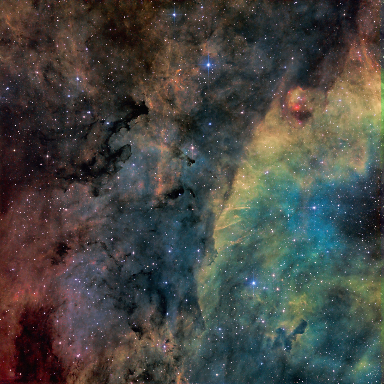 LDN886 LDN 886, Nebelgebiet bei Sadr Nahe dem hellen Stern Gamma Cygni (Sadr) tut sich Einiges in Bezug auf Sternentstehung aus Gas, Staub und Energie. In dieser HSO-Schmalbandaufnahme werden die Elemente der Gase farblich hervorgehoben. Die dunkle und dichte Staubwolke LDN 886 verbirgt ihre Sternentstehungsprozesse in diesen Wellenlängen, nur empfindliche Infrarotkameras können die neu entstehenden Sterne dort sichtbar machen. Teleskop: Skywatcher 130PDS Kamera: ZWO ASI533MM-pro Filter: H2 7nm, O3 6.5nm, S2 6.5nm Steuerung: ZWO ASIAIR Pro Nachführung: ZWO AM5 Bildbearbeitung: Astropixelprocessor, Pixinsight, LuminarNEO Belichtung: insgesamt 11h 14min auf 4 Nächte verteilt.