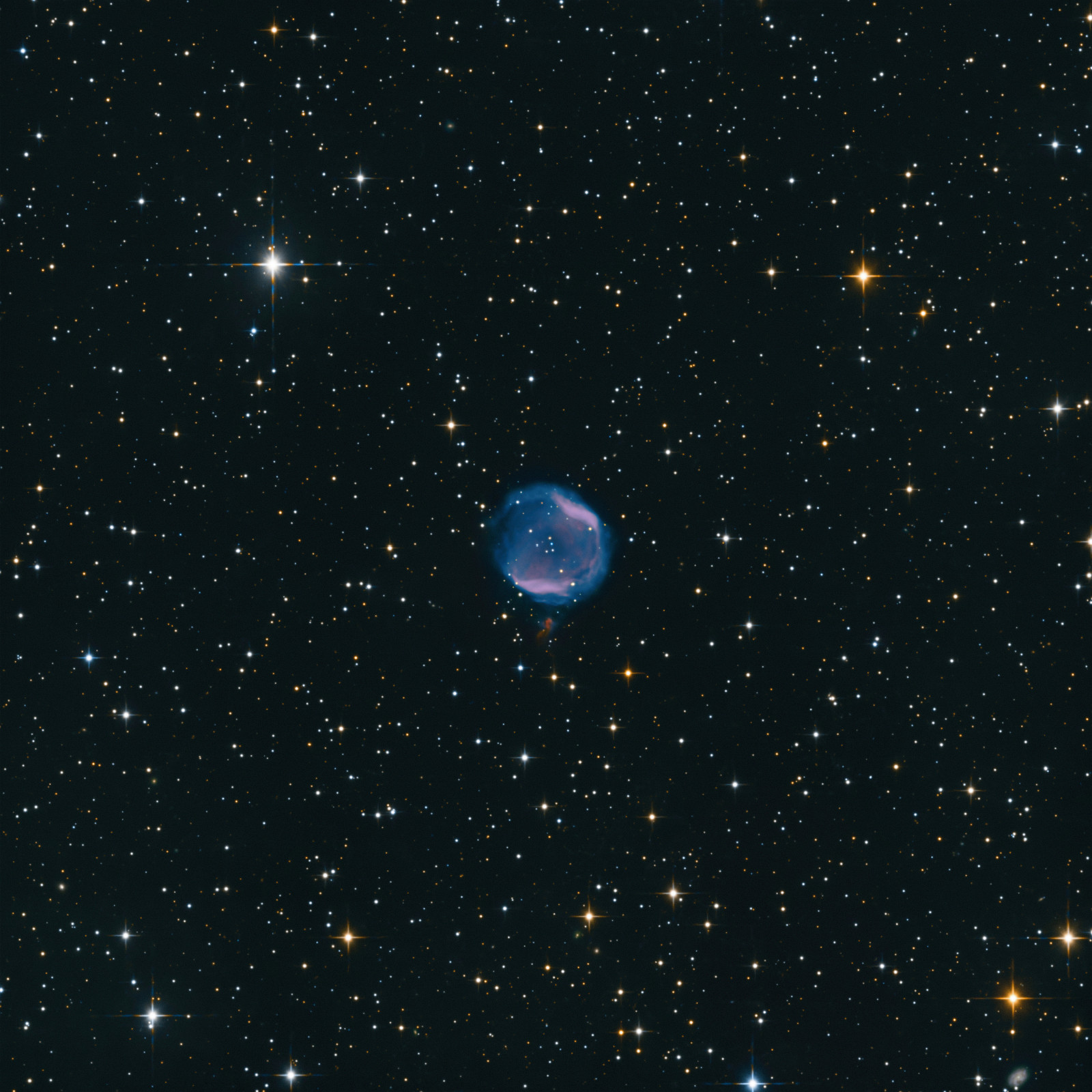 PK 104-29 1_corr 2 ones 1 (PK 104-29.1): Ich hatte in der Zeit kurz vor dem Neumond wieder genug Energie und habe neben meinen Kameraexperimenten den kleinen Skywatcher 130 PDS aufgestellt um wieder mal einen Planetarischen Nebel abzulichten. Nur in H-alpha und [OIII] Filterung, keine Ausschweifungen mit RGB-Sternen oder Ähnliches. In H-alpha habe ich 15 h belichtet und in [OIII] 8 h 55 min. Ersteres deshalb so viel länger, weil [OIII] bei diesem Objekt dominant erscheint und nicht sehr lange Belichtungszeiten braucht. Belichtung: 23 h 55 min Teleskop: Skywatcher 130/650 PDS Kamera: ZWO ASI533MM-Pro Filter: Astronomik 6 nm Schmalband H-alpha und [OIII] Nachführung: Losmandy G11 Steuerung: ZWO ASIAIR-Plus