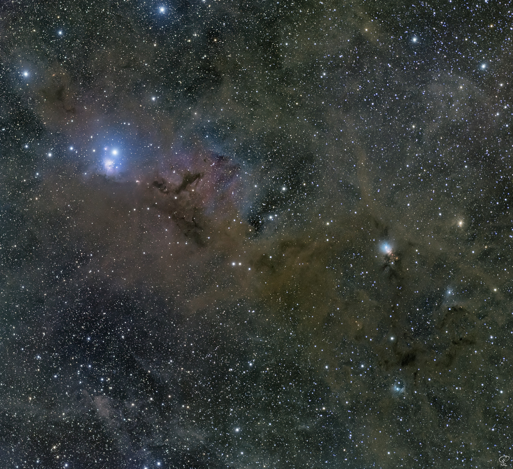 dunkelnebel 2-teilige Widefield-Mosaikaufnahme ungefiltert im südlichen Ende des Perseus. Vertreten sind hier einige bekannte Nebelregionen, die ich zuvor mit mehr Brennweite schon einmal belichtet habe, zB NGC1333 - rechts im Bild, den Embryonebel - den hatte ich davor in zwei aufeinanderfolgenden Jahren schon fotografiert und zu einem beeindruckenden Bild vereint, jetzt kann ich ihn auch im Überblick betrachten, wie er sich in die großen Staubwolken einfügt. Links im Bild seht ihr den hellen Stern Atik mit IC348, eine Nahaufnahme davon habe ich letztens erst veröffentlicht. Dazwischen und rundherum befinden sich mehrere Reflexionsnebel und Dunkelnebel. Das alles in einem größeren Zusammenhang zu sehen hat auch etwas. Aufgenommen mit zwei fast identischen Gerätschaften simultan. Optiken: 2x Samyang 135mm/f2 Kameras: 2x ZWO ASI183MC-Pro Filter: UV/IR-cut Nachführungen: Skywatcher EQ6 und HEQ5-Pro Steuerung: 2x ZWO ASIAIR-Plus Belichtung: insgesamt 9h 5min Aufnahmedatum: 4.11.2024