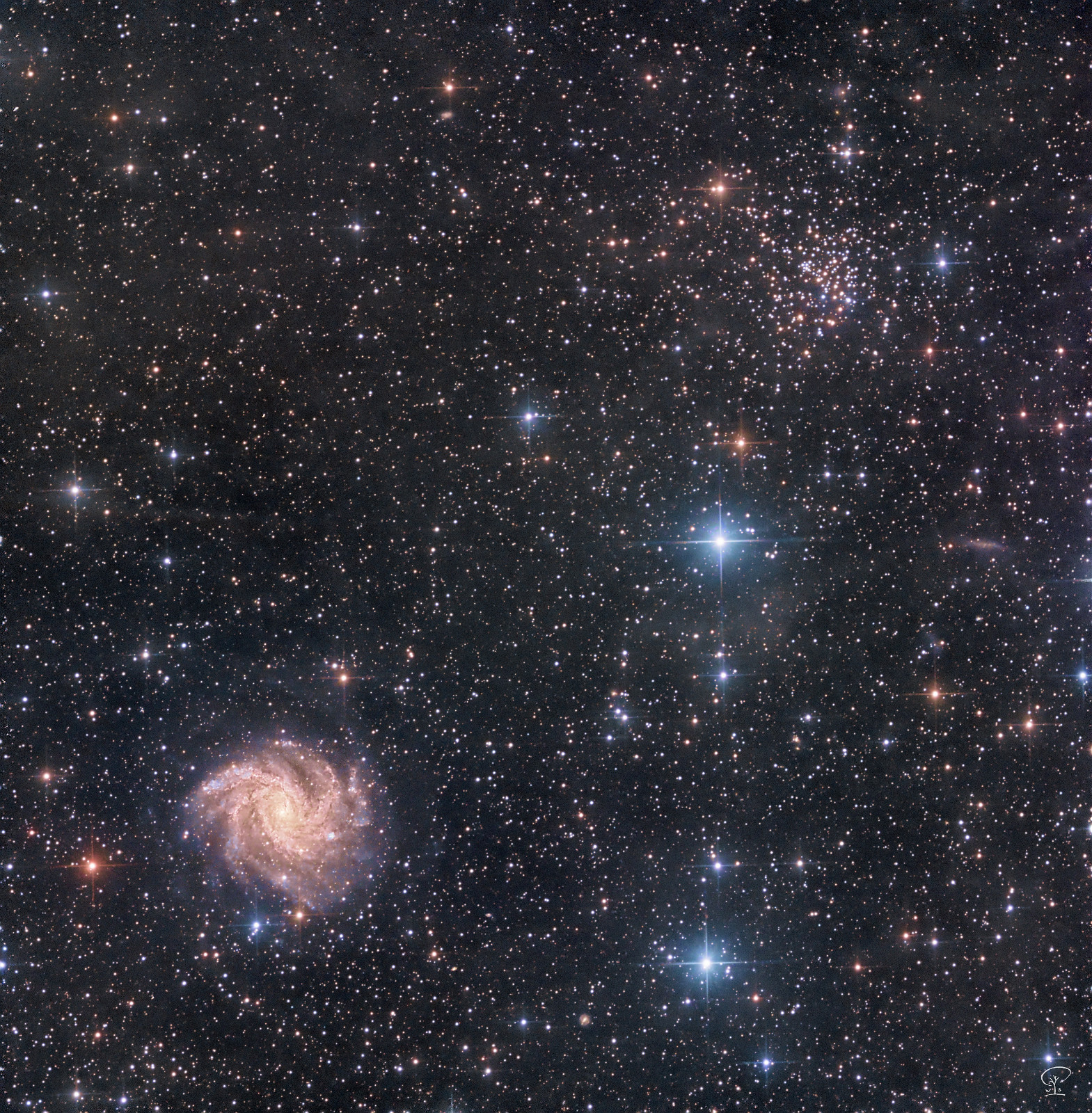 Feuerwerksgalaxie mit Sternhaufen NGC 6939 Feuerwerksgalaxie mit Sternhaufen NGC 6939 Diese Galaxie liegt in der Ebene unserer Milchstraße und ist etwa 21 Mio Lichtjahre von uns entfernt, während der scheinbar benachbarte alte Sternhaufen eine Entfernung von nur ca. 6000 Lichtjahren hat. Mit 1,6 Mrd Jahren gehört er zu den älteren seiner Art. Da die Feuerwerksgalaxie auf einer Ebene mit der Milchstraße liegt, befinden sich Staubwolken und andere "Verschmutzungen" vor den Objekten. Belichtung insgesamt 9h 41min, aufgeteilt auf L/R/G/B innerhalb von zwei Nächten. Teleskop: Skywatcher 130/650 PDS Kamera: ZWO ASI533MM-Pro Filter: LRGB von Optolong Nachführung: ZWO AM5 Steuerung: ZWO ASIAIR Plus Software: Astropixelprocessor, Pixinsight, LuminarAI