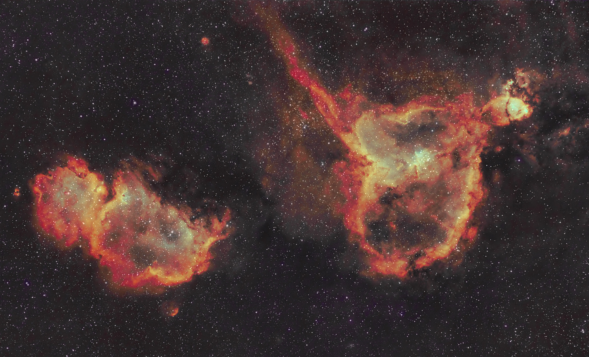 sh2-190 final Herz- und Seelennebel Etwa 6000 Lichtjahre von uns entfernt befindet sich diese aktive Sternentstehungsregion, die ein Teil des Perseus-Spiralarms unserer Milchstraße ist. Zur Rechten ist der sogenannte Herznebel zu sehen, katalogisiert unter Anderem als IC1805. Links davon sieht man den Seelennebel, auch als Embryonebel bekannt, katalogisiert als IC1848 (ebenso in anderen Katalogen mit anderen Katalognummern verzeichnet). Diese beiden Nebel erstrecken sich über etwa 580 Lichtjahre und sind massive Sternenfabriken aus Staub, Gas, Strahlung und Sonnenwinden zahlreicher Sterne. Textquelle: Nasa, auszugsweise frei übersetzt. Kamera: ZWO ASI183MC-Pro Optik: Samyang 135mm/f2 Filter: Hutech IDAS NBZ UHS Nachführung: Skywatcher HEQ5 Pro Steuerung: ZWO ASIAIR Plus Belichtung: 151x 60s plus Kalibrationsaufnahmen. Bearbeitungssoftware: Astropixelprocessor, Pixinsight, LuminarAI