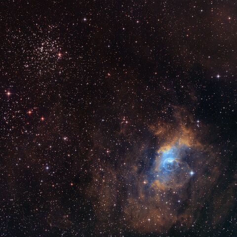 Lacerta150_Blase Der Blasennebel gemeinsam mit dem offenen Sternhaufen NGC 7653. Teleskop: Lacerta 150/600 Kamera: Atik 490ex Filter: Astronomik H-S-O + R-G-B Belichtung: 32 h...