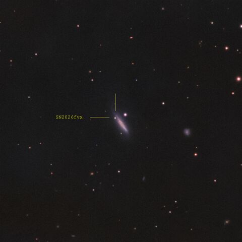 NGC4205--SN2026fvx_annotated Noch ein Bild bei fast Vollmond, ganz wolkenlos war es auch nicht - demenstspechend nicht schön. Das ist Supernova 2026fvx in NGC4205. Teleskop: Meade LX200 EMC...