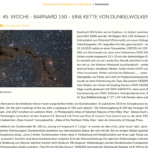 Bildschirmfoto 2024-04-23 um 15.54.54 Astrofoto der Woche auf www.astronomie.de: https://www.astronomie.de/aktuelles-und-neuigkeiten/detailseite/45-woche-barnard-150-eine-kette-von-dunkelwolken